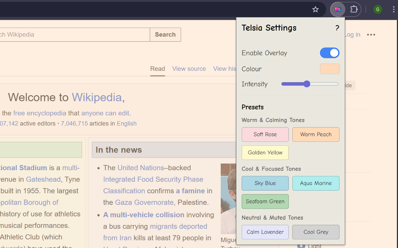 Screenshot of the Telsia extension's settings menu